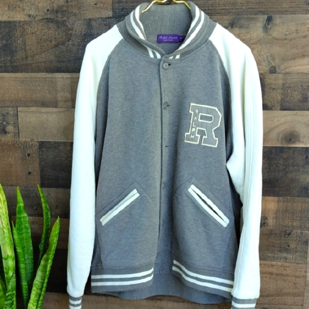 Ralph Lauren Purple Label Gray and Cream Varsity Jacket